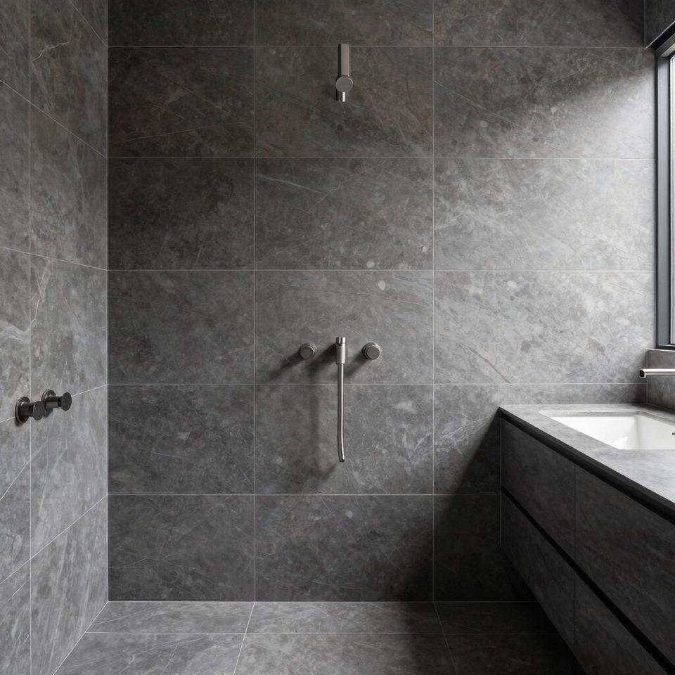Baño con revestimiento de gres porcelánico gris y ducha de obra