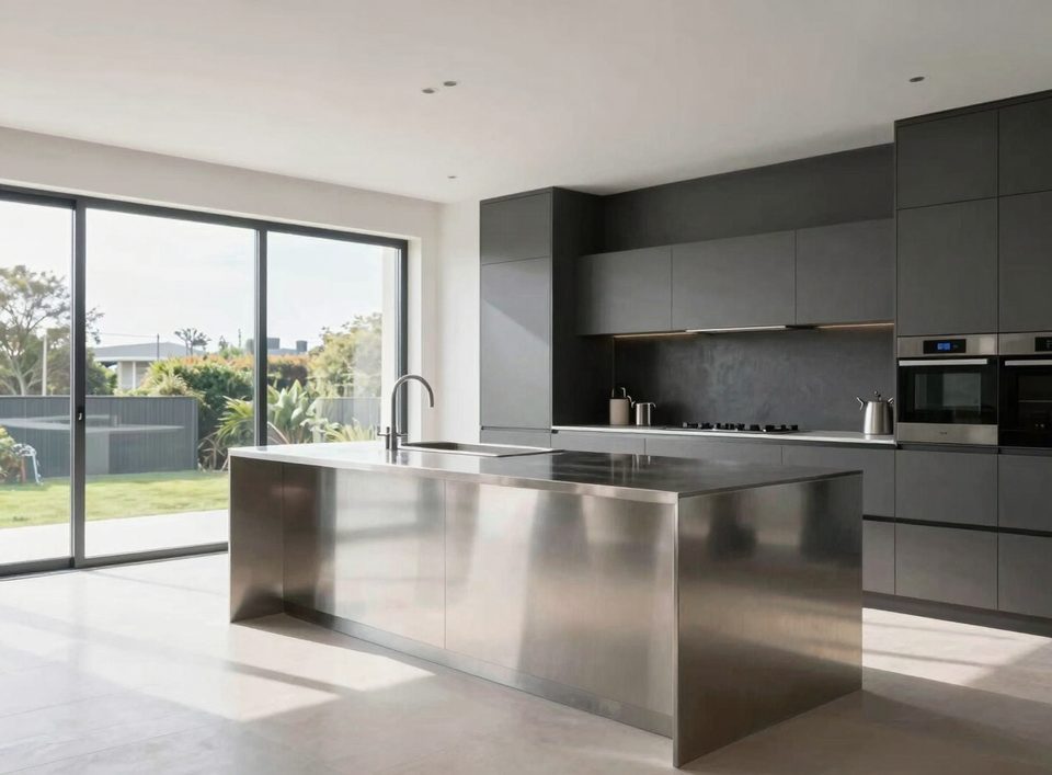 Cocina con isla de acero inoxidable y vistas al jardín