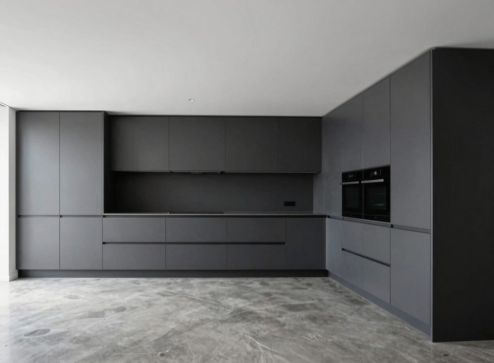Cocina en grafito mate con columnas integradas y suelo continuo