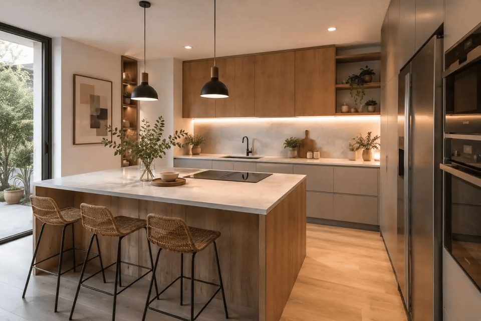 Cocina abierta con isla de piedra clara y frentes de madera