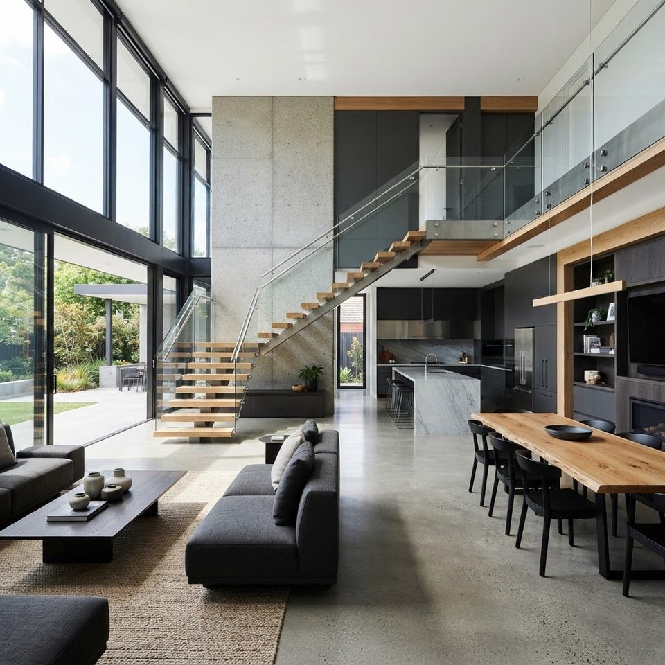 Salón de doble altura con escalera de madera y cristal