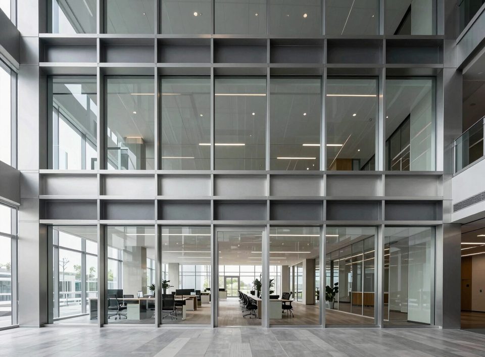 Edificio de oficinas con fachada interior de vidrio y perfilería de acero