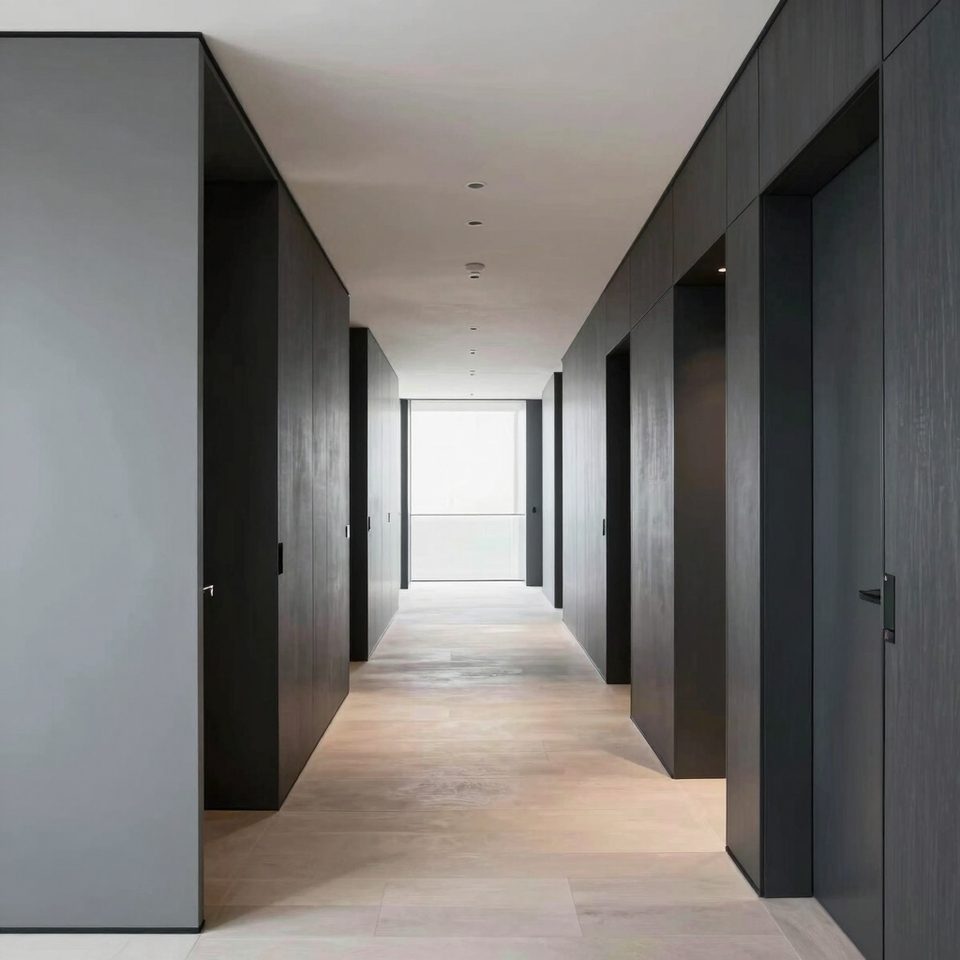 Pasillo con puertas enrasadas en grafito y suelo de madera clara