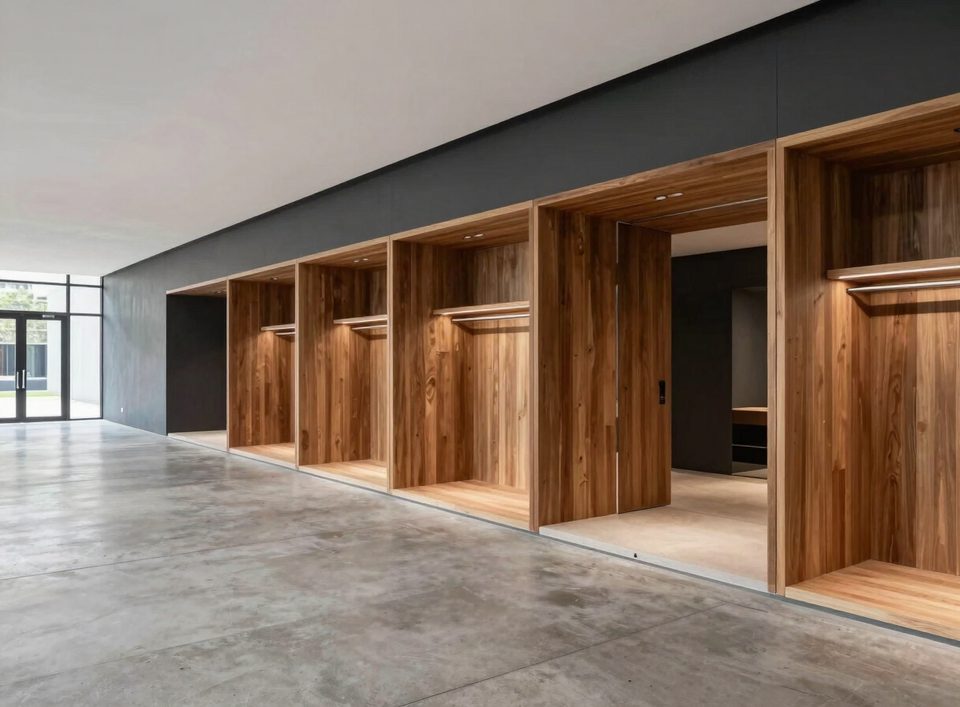 Vestidor abierto en madera natural bajo un volumen de grafito